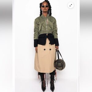 AKIRA Green and Black Bomber Jacket with Tan trench style coat at the bottom